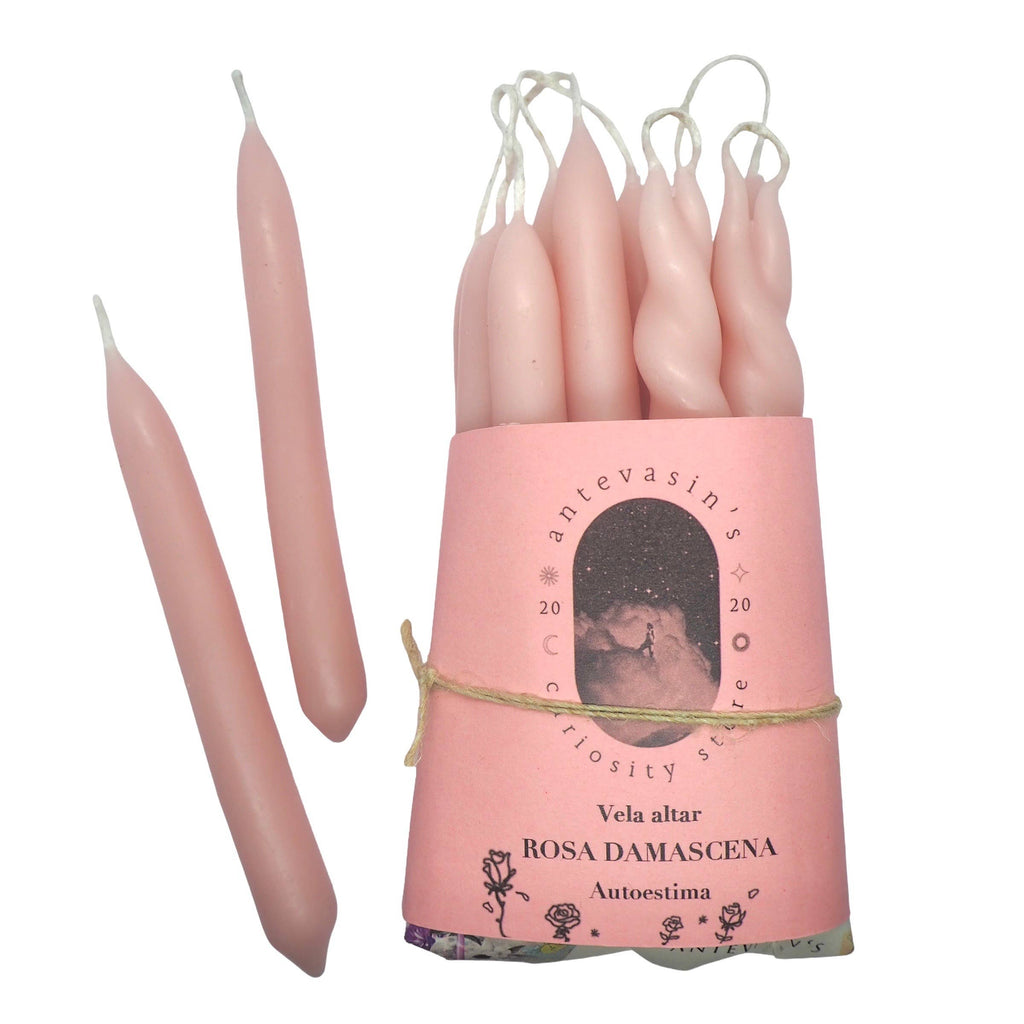 Bougie Rosa Damascena avec sa fiche rituelle, estime de soi, Antevasin's Store