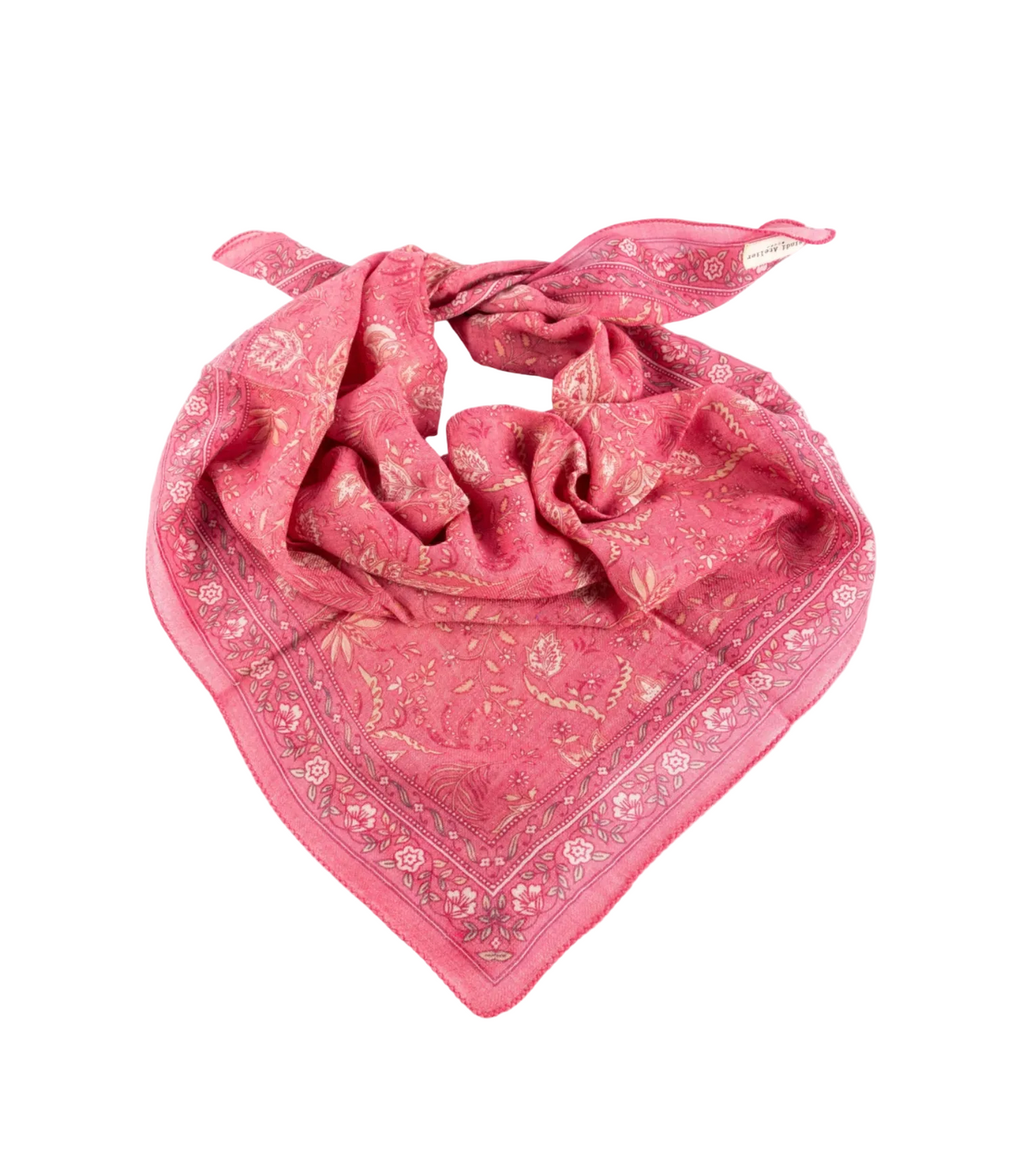 Foulard en laine imprimé à la planche, motif paisley ton péoine — Bindi Atelier, George Genève