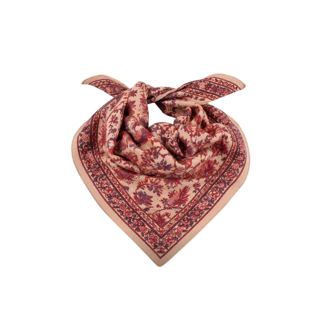 Foulard en laine imprimé à la planche, motif paisley bleu lupin — Bindi Atelier, George Genève