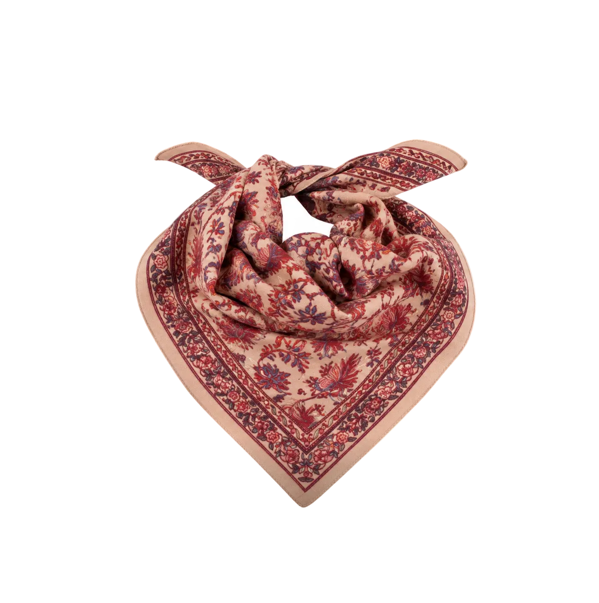 Foulard en laine imprimé à la planche, motif paisley bleu lupin — Bindi Atelier, George Genève