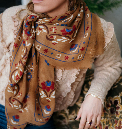 LECOMTE FLAMENT - Echarpe Bandana Secret Garden Camel