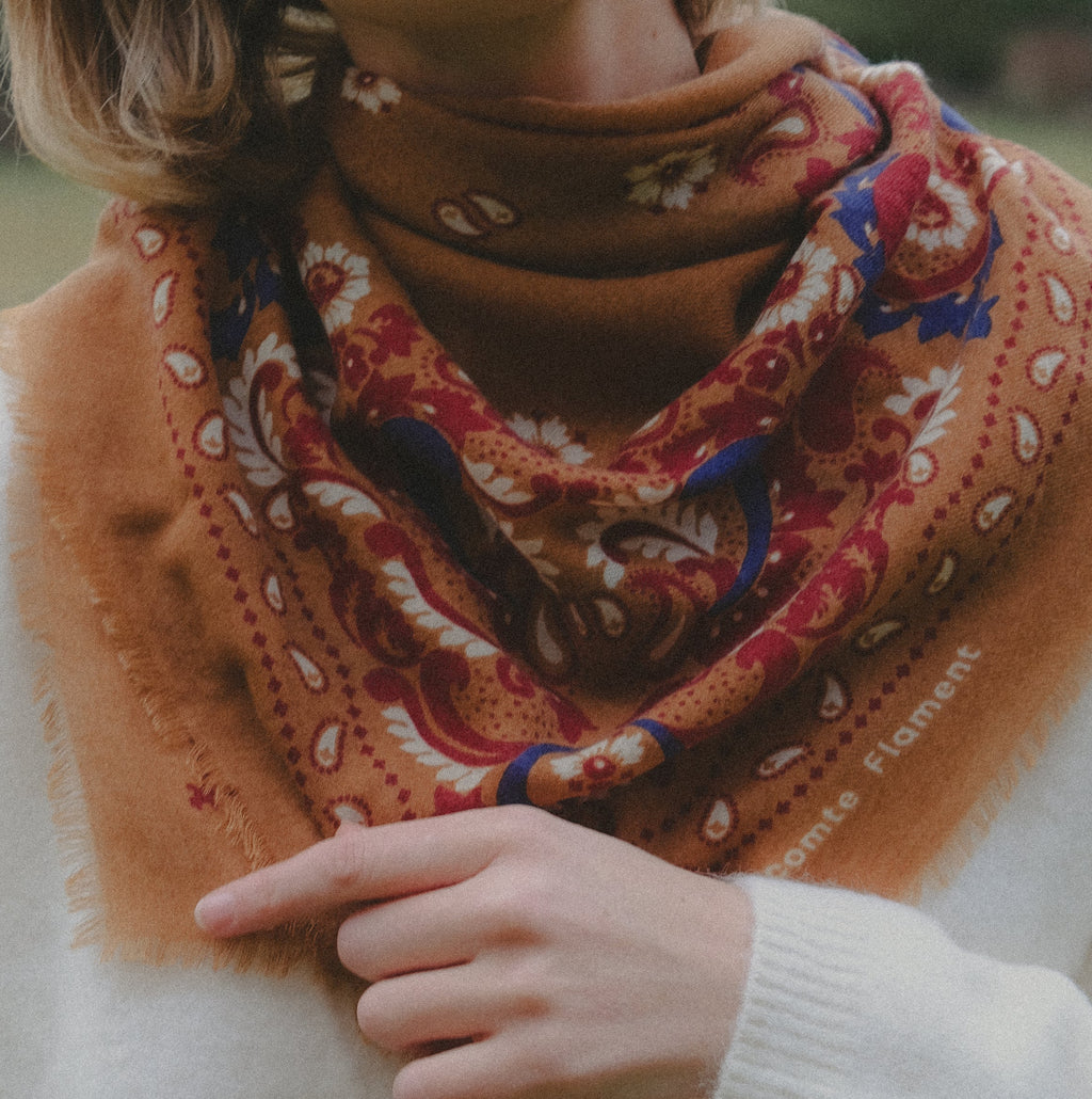 LECOMTE FLAMENT - Foulard Bandana Flowers Camel