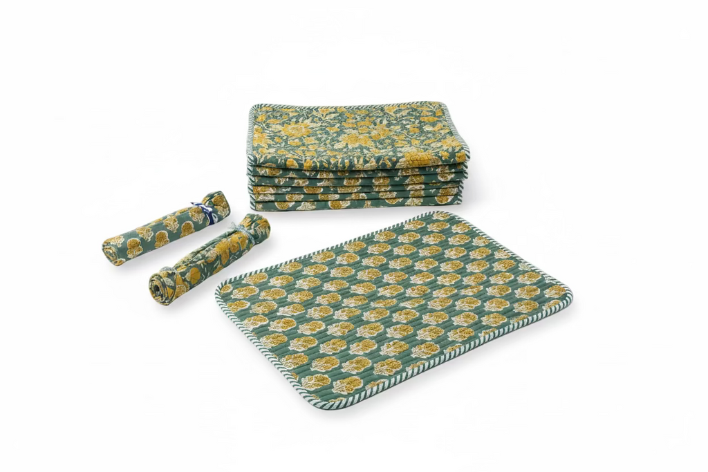 4 Sets de table réversibles en block print vert + 8 serviettes assorties – BE MY VALENTINE | George Genève