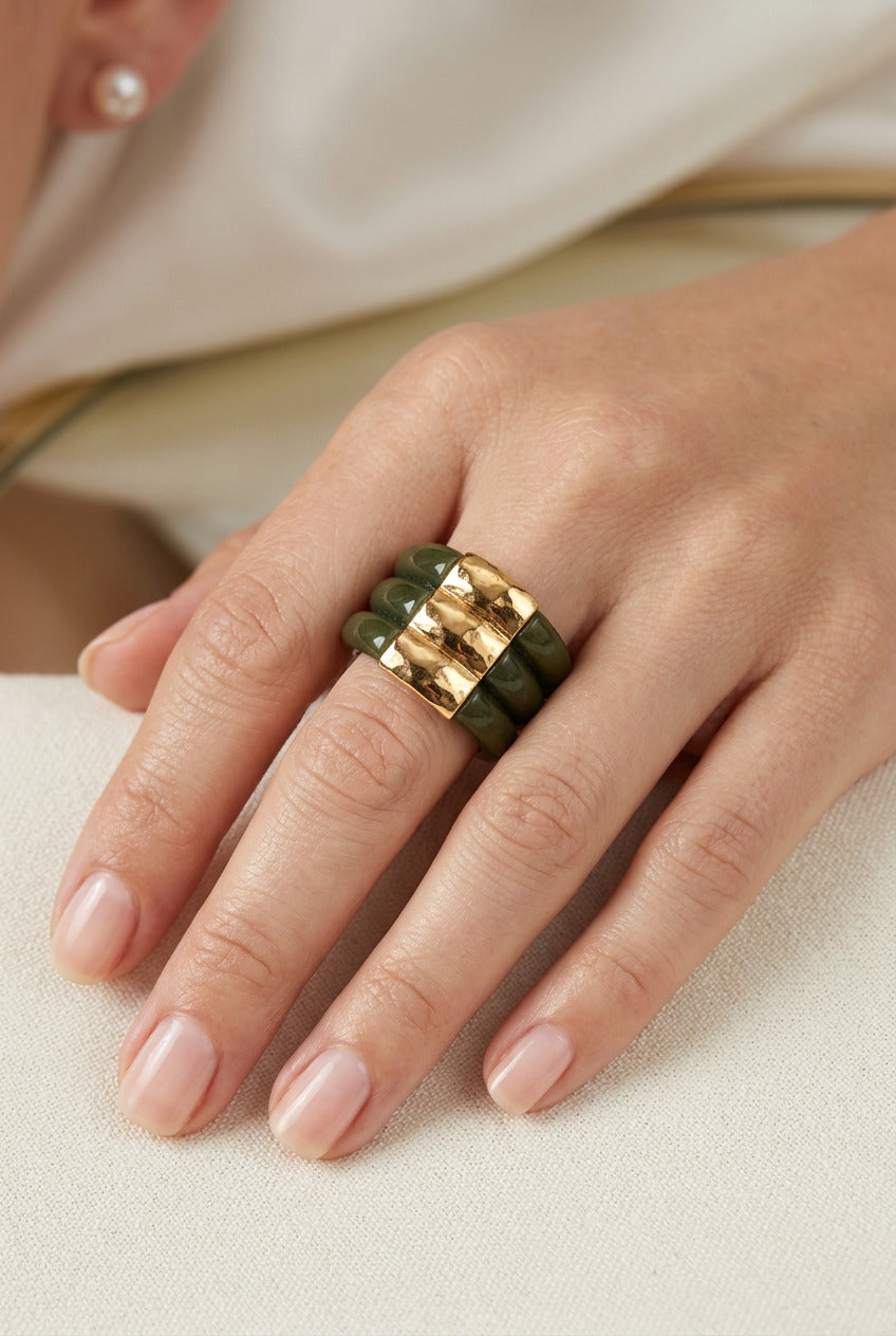 LUCAS JACK - Bague Triple Jade et Or