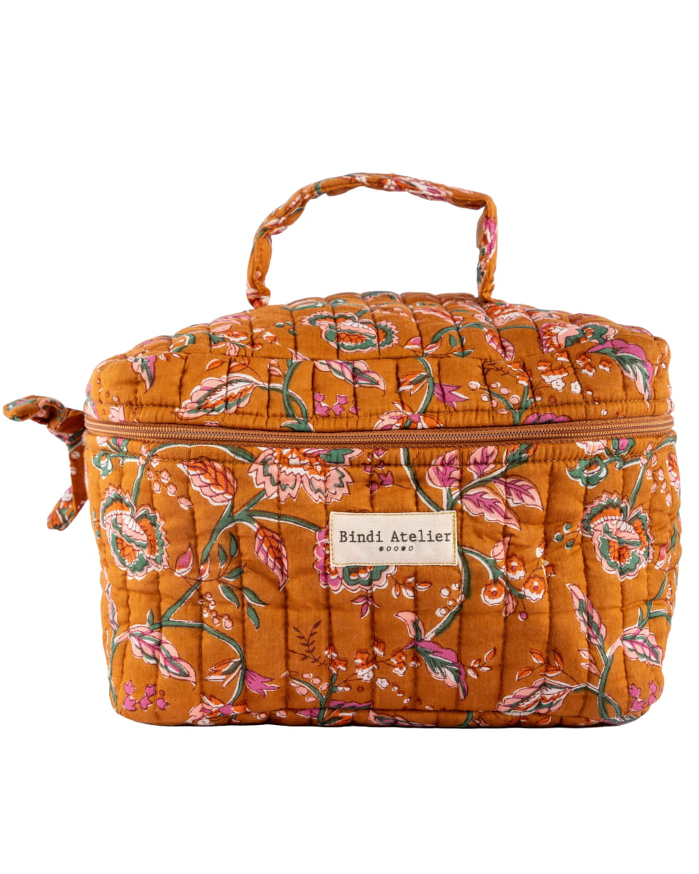 Trousse vanity en coton matelassé imprimé à la planche, motif Nesta Rust — Bindi Atelier, George Genève