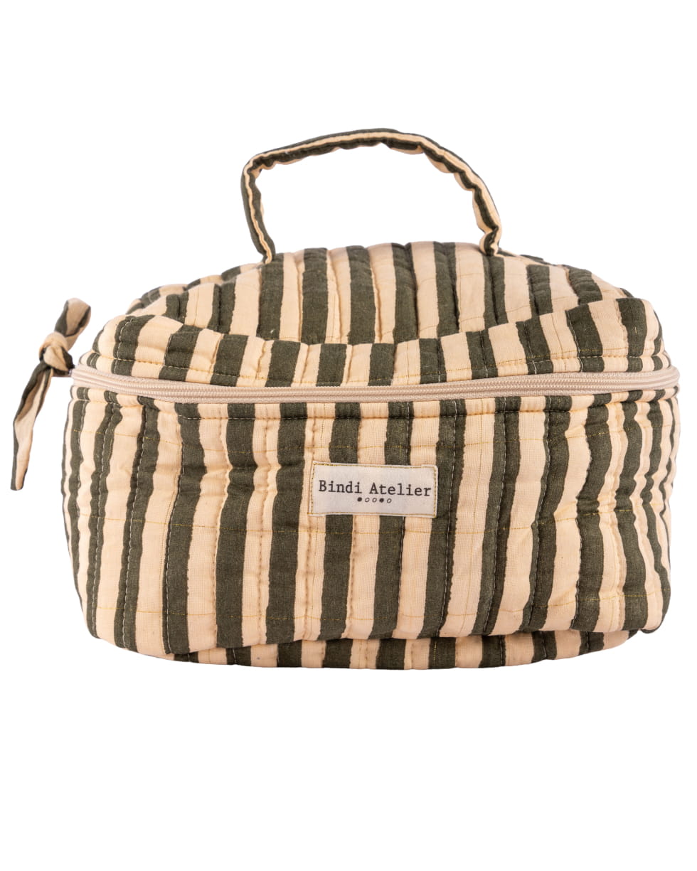 Trousse vanity en coton matelassé à rayures vertes, motif Stripes Leaf — Bindi Atelier, George Genève