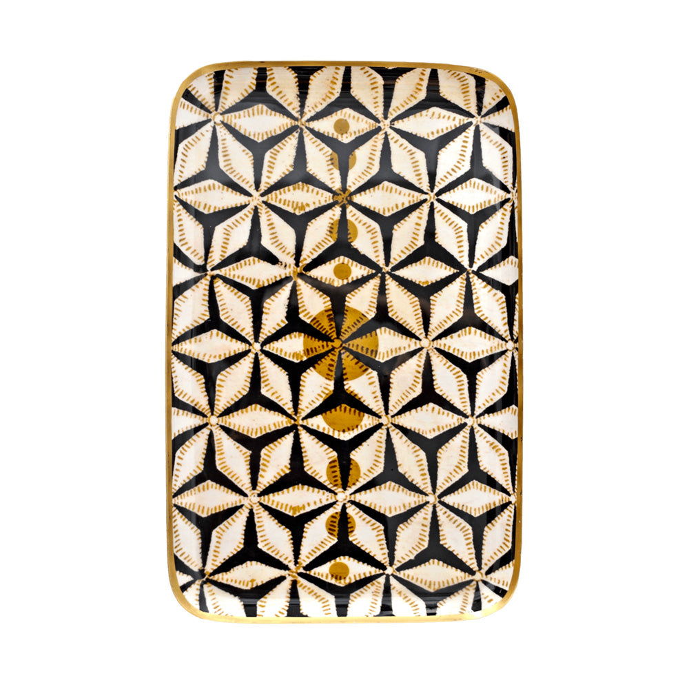 Plateau rectangulaire en aluminium émaillé, étoiles dorées sur fond noir, 42 x 26,5 cm — Boncoeurs, George Genève