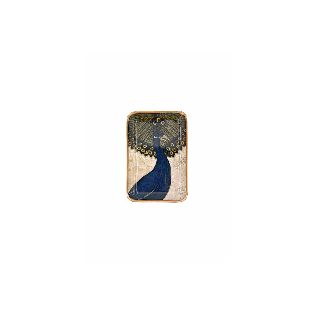 Petit plateau Solo en aluminium émaillé à motif paon, 15 x 10 cm — Boncoeurs, George Genève