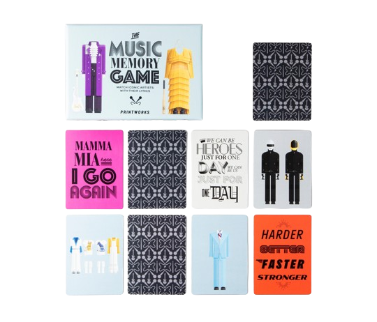 Cartes du mémory Music de Printworks, costumes d'artistes et paroles de chansons — George Genève